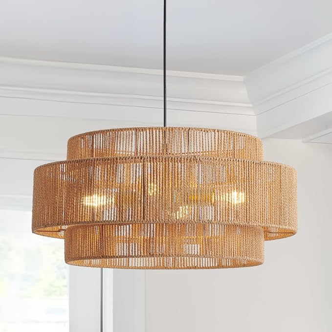 23.6" Coastal Brown Metal & Rattan 3-Tier Pendant Light