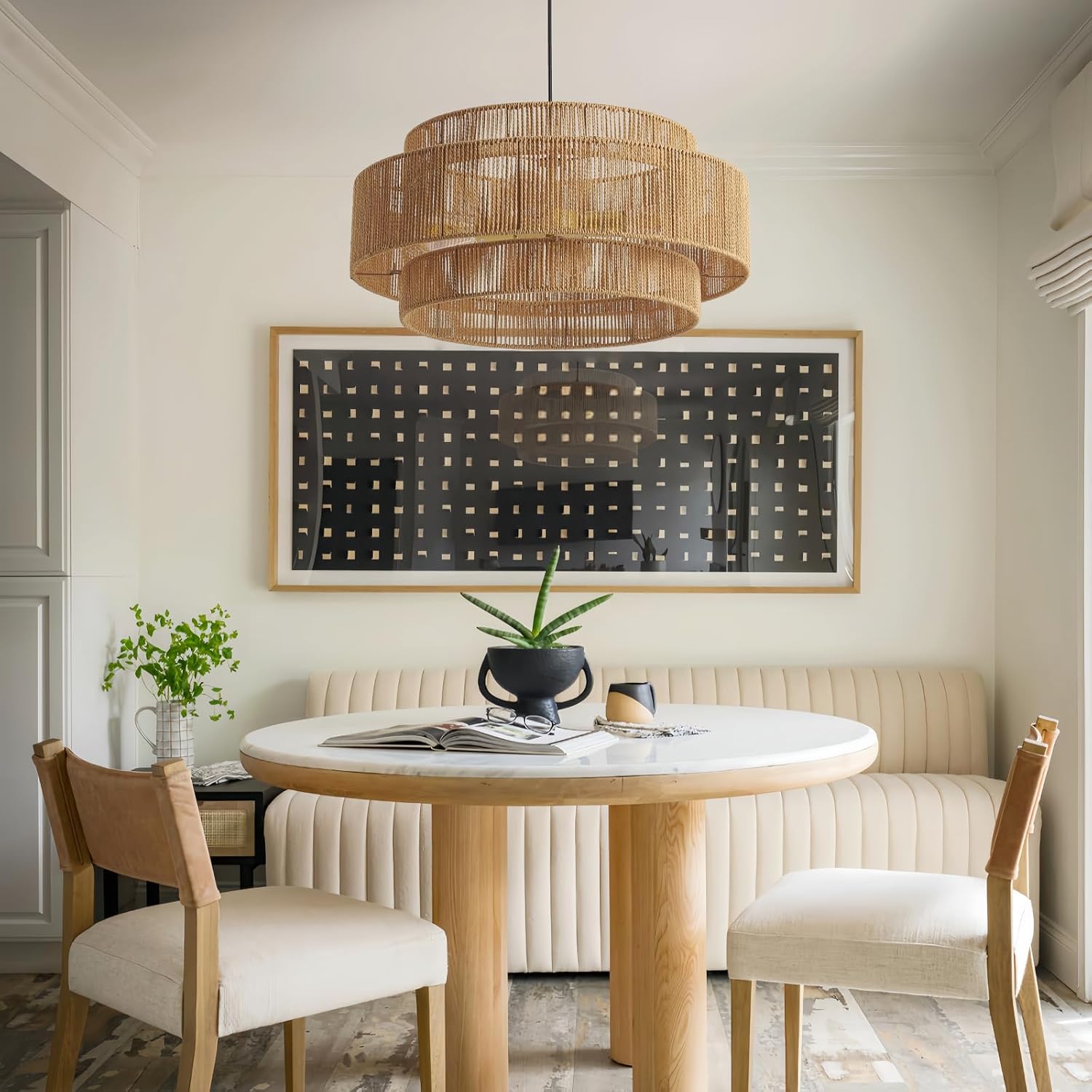23.6" Coastal Brown Metal & Rattan 3-Tier Pendant Light