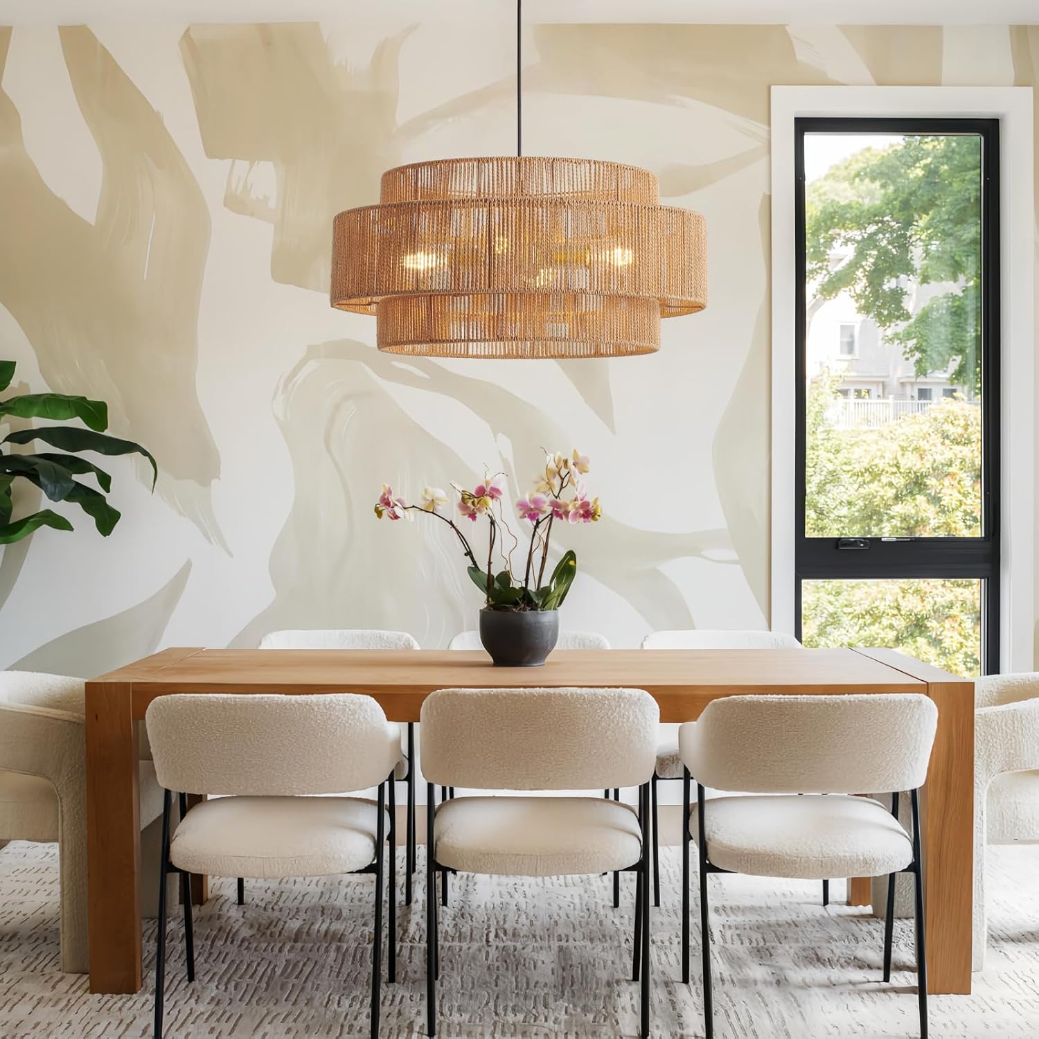 23.6" Coastal Brown Metal & Rattan 3-Tier Pendant Light