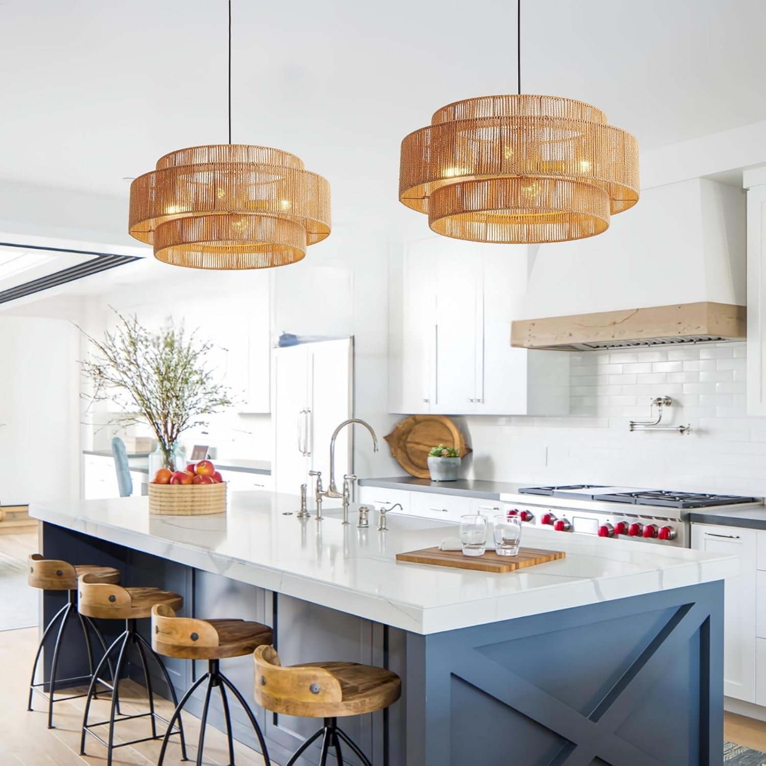23.6" Coastal Brown Metal & Rattan 3-Tier Pendant Light