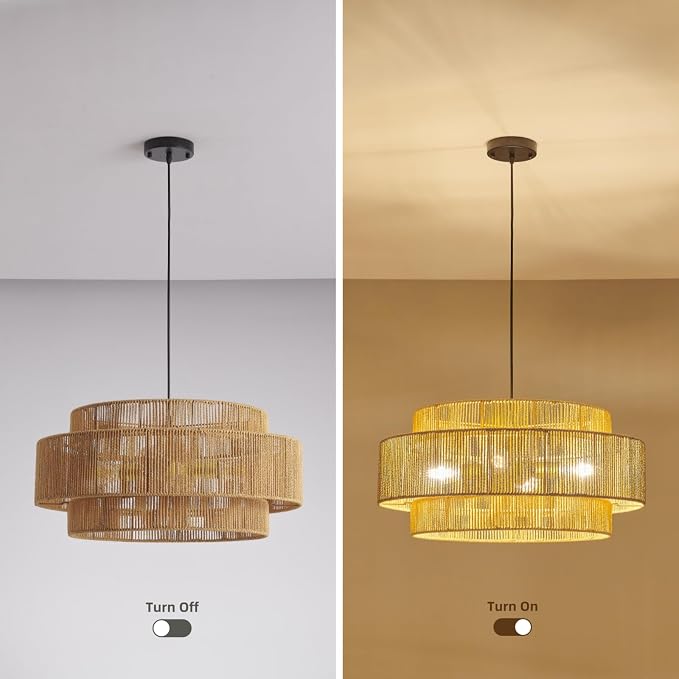 23.6" Coastal Brown Metal & Rattan 3-Tier Pendant Light