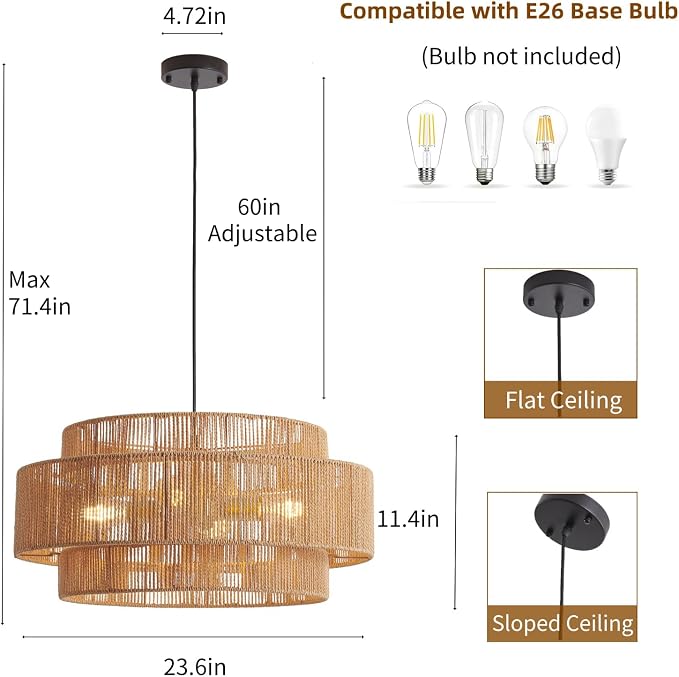 23.6" Coastal Brown Metal & Rattan 3-Tier Pendant Light