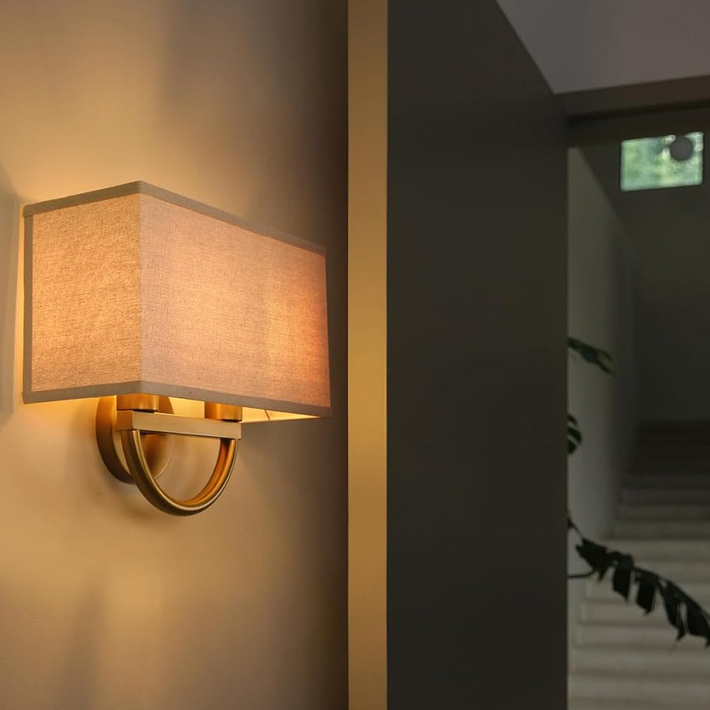 Square Linen Shade Wall Sconce Lighting, 14-Inch, Antique Brass Finish