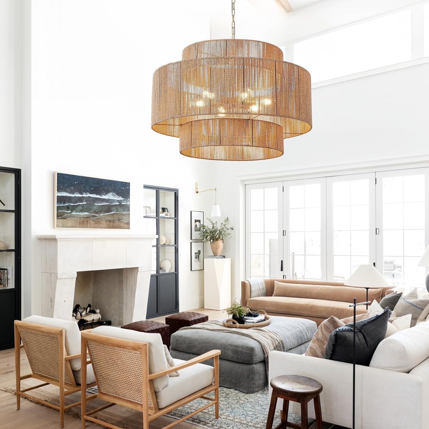 30.7" Coastal White Rattan 6-Light Pendant Light