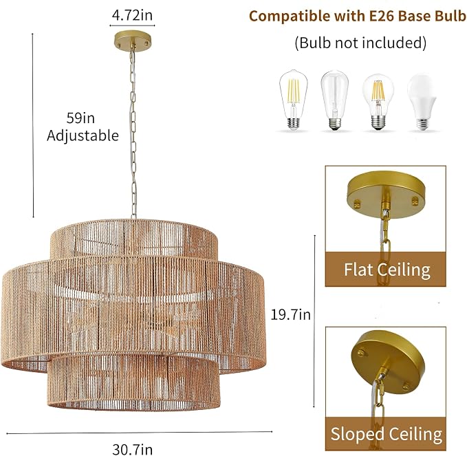 30.7" Coastal White Rattan 6-Light Pendant Light