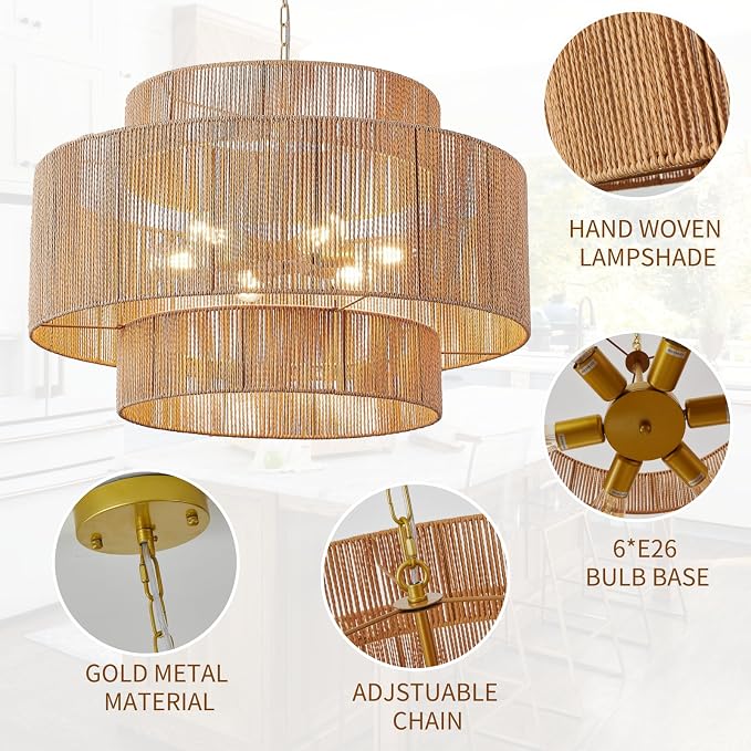 30.7" Coastal White Rattan 6-Light Pendant Light
