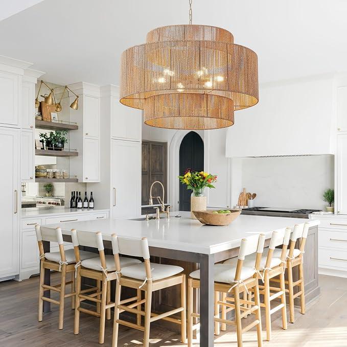 30.7" Coastal White Rattan 6-Light Pendant Light