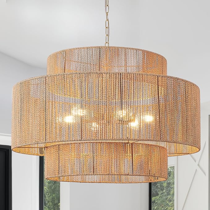 30.7" Coastal White Rattan 6-Light Pendant Light