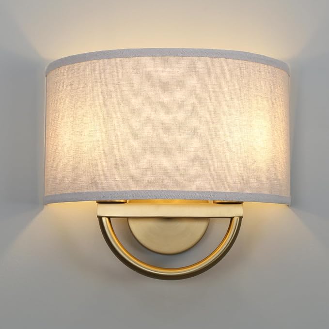 Linen Shade Wall Sconce Lighting Fixture, 16-Inch, Antique Brass Finish