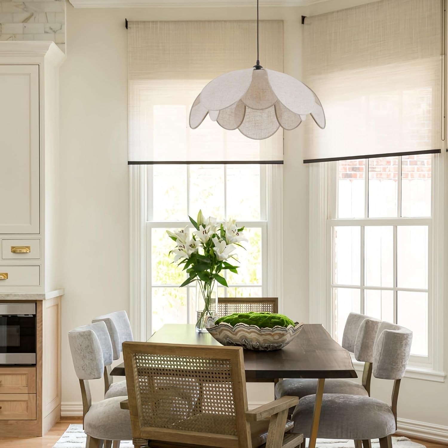 22" Coastal White Rattan & Metal Flower Pendant Light