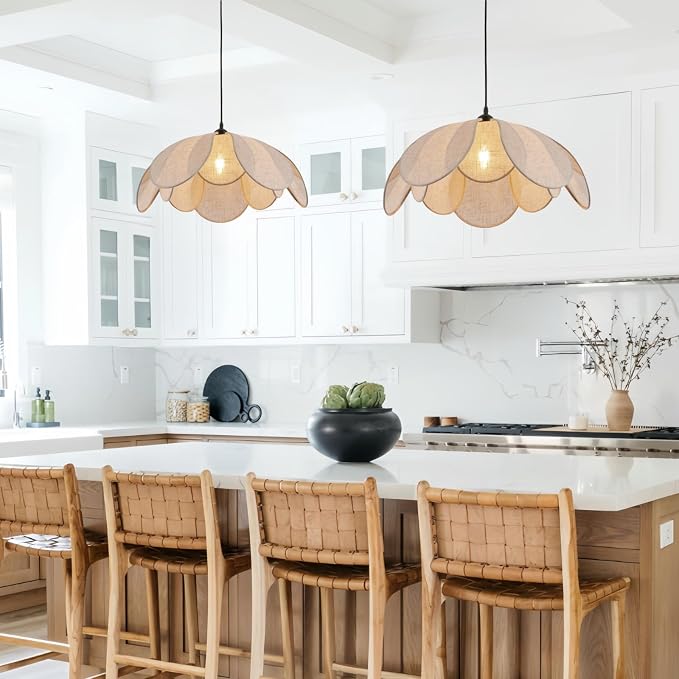 22" Coastal White Rattan & Metal Flower Pendant Light