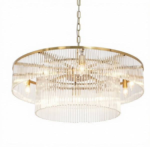 Modern 2-Tier Glass Chandelier Ceiling Light, 32-Inch, Polished Brass