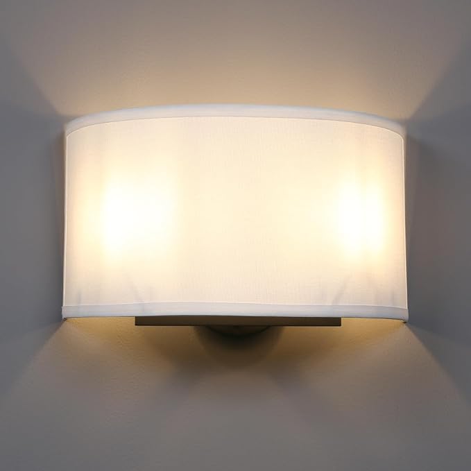 Fabric Shade Wall Sconce Lighting Fixture, 13-Inch, Brass & White Finish