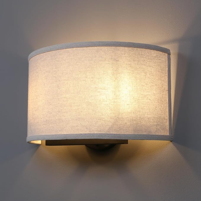 Fabric Linen Shade Wall Sconce Lighting Fixture, 13-Inch, Brass Finish
