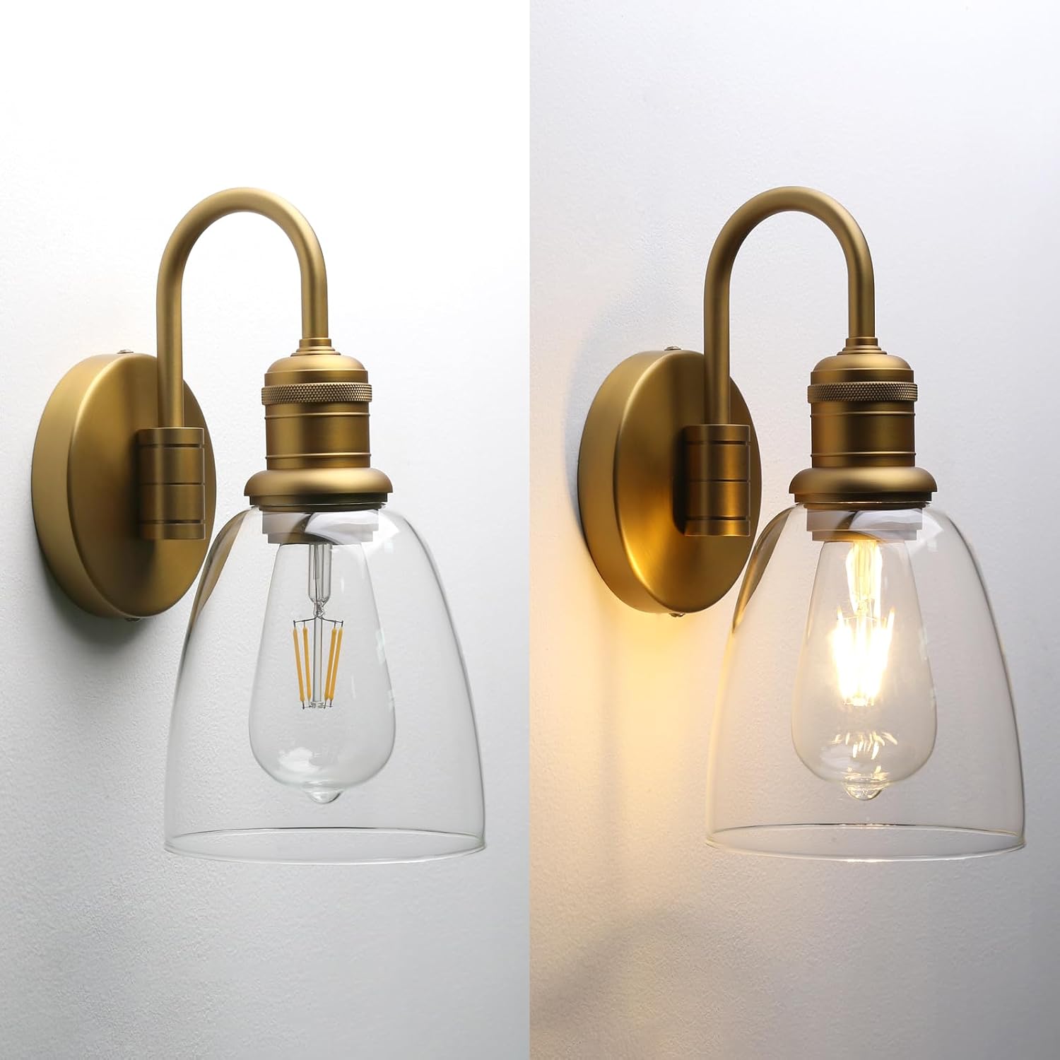 Clear Glass Wall Sconce Lighting Fixture, 14-Inch, Antique Brass Finish