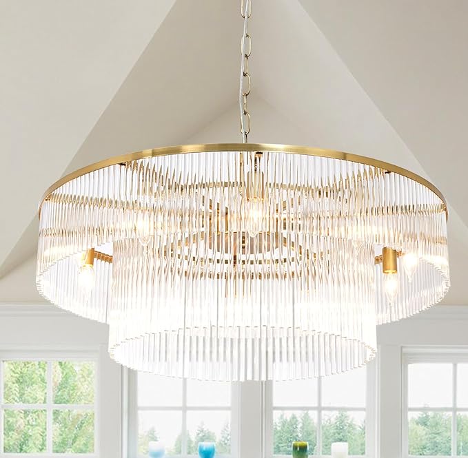Modern 2-Tier Glass Chandelier Ceiling Light, 32-Inch, Polished Brass
