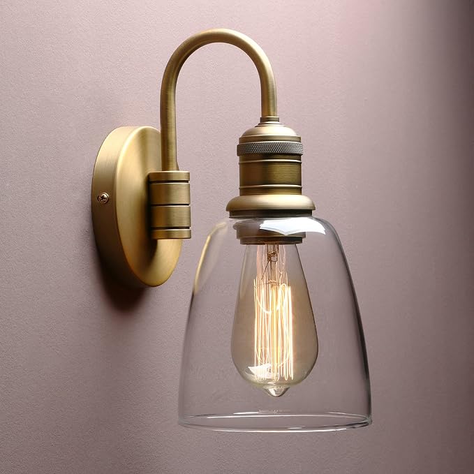 Clear Glass Wall Sconce Lighting Fixture, 14-Inch, Antique Brass Finish