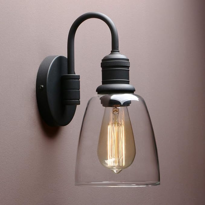 Clear Glass Wall Sconce Lighting Fixture for Home, 14-Inch, Black Finish