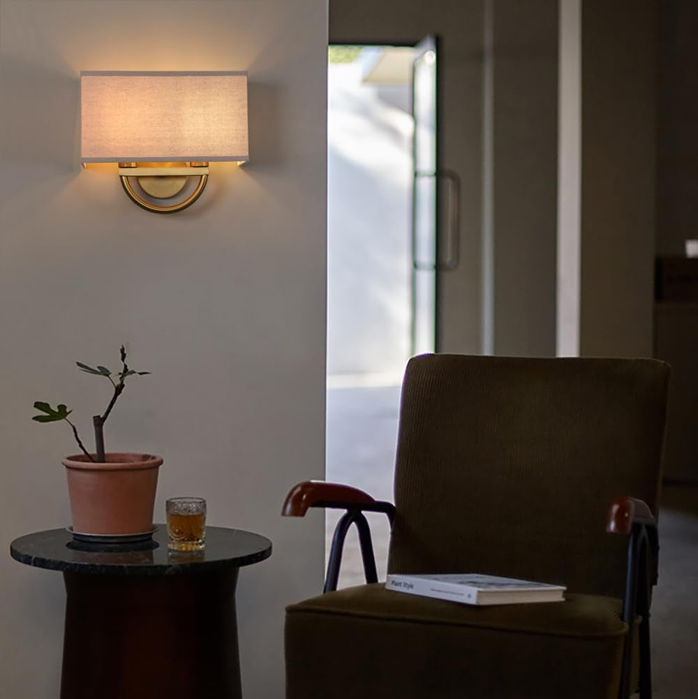 Square Linen Shade Wall Sconce Lighting, 14-Inch, Antique Brass Finish