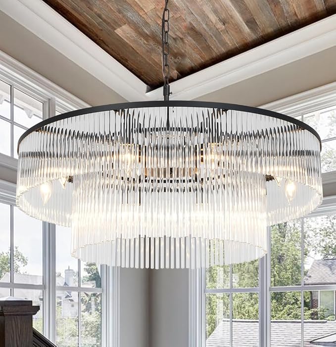 Modern 2-Tier Glass Chandelier Ceiling Light, 32-Inch, Matte Black Finish