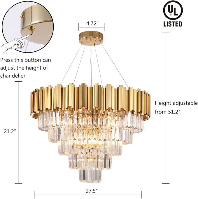 Elegant 5-Tier Crystal Chandelier Ceiling Light, 27.5-Inch, Gold Finish