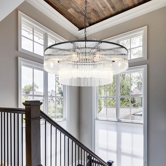 Modern 2-Tier Glass Chandelier Ceiling Light, 32-Inch, Matte Black Finish
