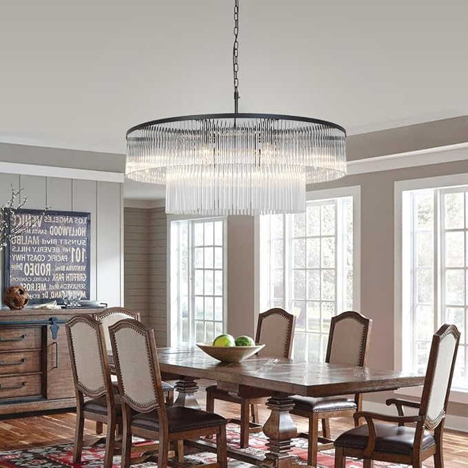 Modern 2-Tier Glass Chandelier Ceiling Light, 32-Inch, Matte Black Finish