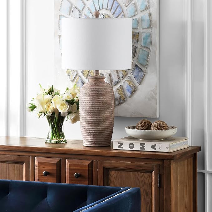 Modern Polyresin Table Lamp for Living Room, 27-Inch, Sandy Pearl Finish