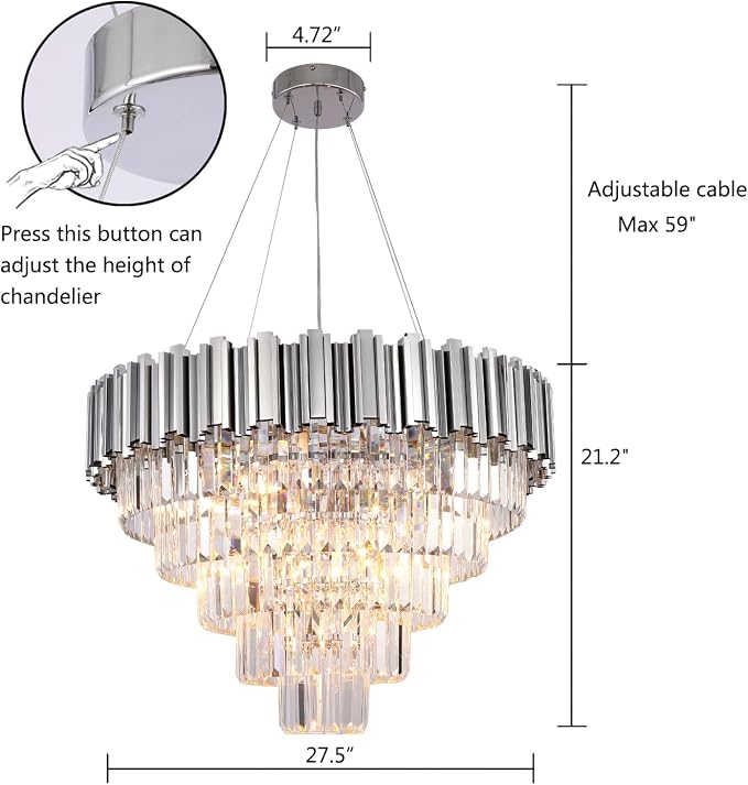 Elegant 5-Tier Crystal Chandelier Ceiling Light, 27.5-Inch, Chrome Finish