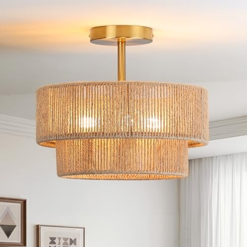 Boho Natural Jute Rope 3-Light Semi Flush Mount Ceiling Light, 13-Inch