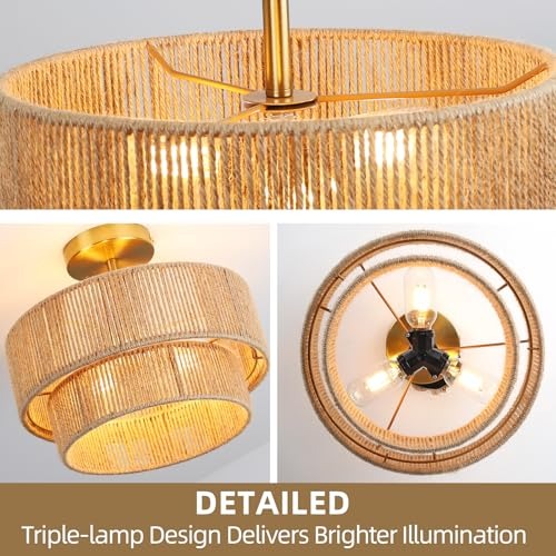 Boho Natural Jute Rope 3-Light Semi Flush Mount Ceiling Light, 13-Inch