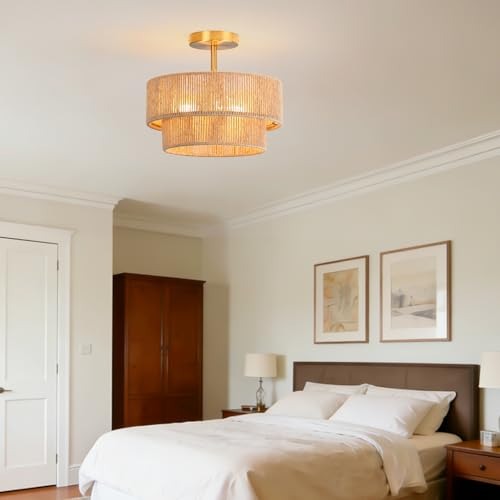 Boho Natural Jute Rope 3-Light Semi Flush Mount Ceiling Light, 13-Inch