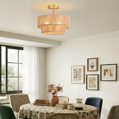 Boho Natural Jute Rope 3-Light Semi Flush Mount Ceiling Light, 13-Inch