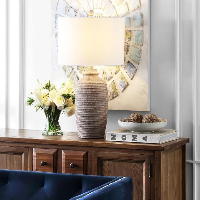 Modern Polyresin Table Lamp for Living Room, 27-Inch, Sandy Pearl Finish