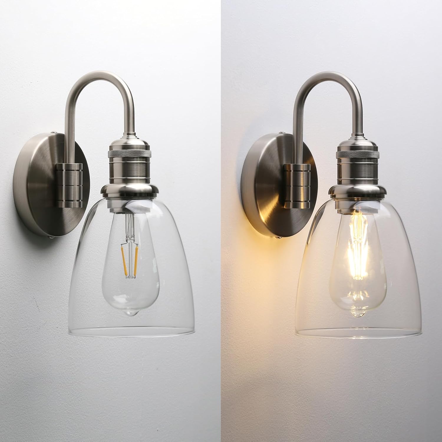 Clear Glass Wall Sconce Lighting Fixture, 14-Inch, Brushed Nickel Finish