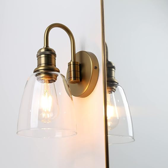 Clear Glass Wall Sconce Lighting Fixture, 14-Inch, Antique Brass Finish