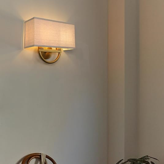 Square Linen Shade Wall Sconce Lighting, 14-Inch, Antique Brass Finish
