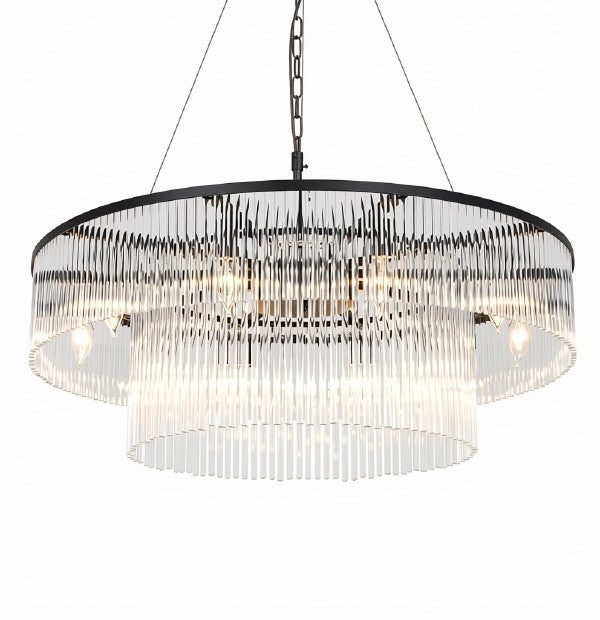 Modern 2-Tier Glass Chandelier Ceiling Light, 32-Inch, Matte Black Finish