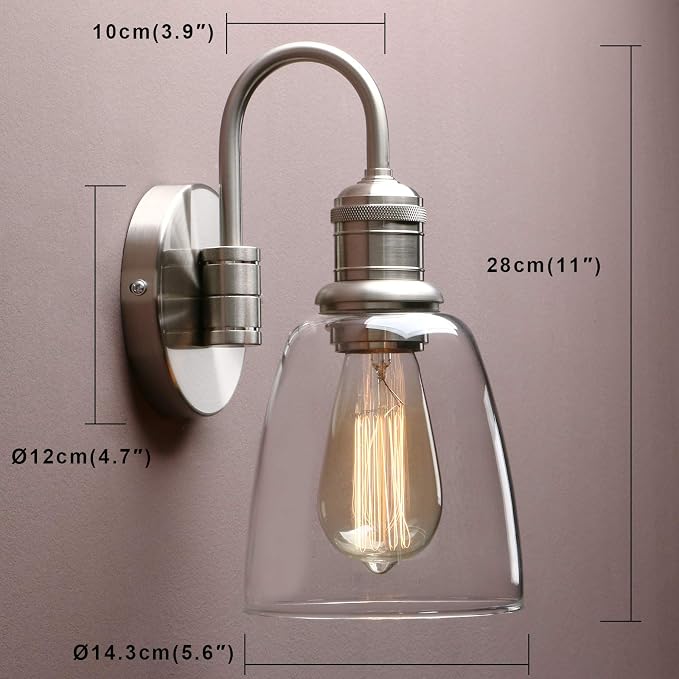 Clear Glass Wall Sconce Lighting Fixture, 14-Inch, Brushed Nickel Finish