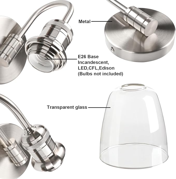 Clear Glass Wall Sconce Lighting Fixture, 14-Inch, Brushed Nickel Finish