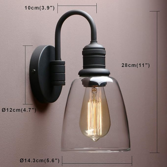 Clear Glass Wall Sconce Lighting Fixture for Home, 14-Inch, Black Finish
