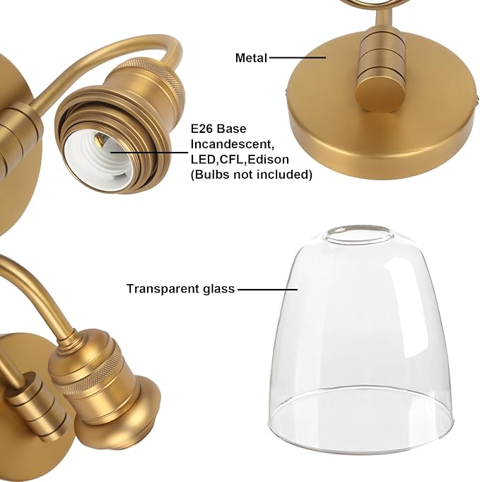 Clear Glass Wall Sconce Lighting Fixture, 14-Inch, Antique Brass Finish