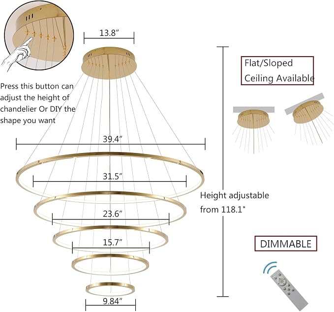 Modern 5-Ring LED Chandelier Ceiling Light Fixture, 39-Inch, Gold Finish