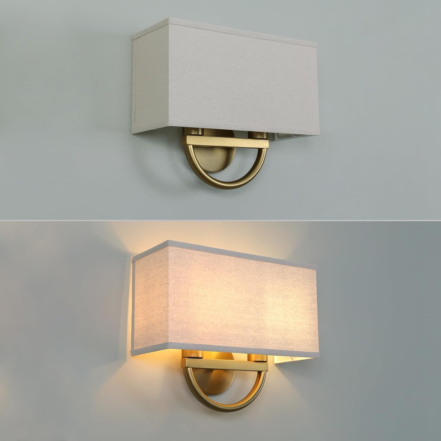 Square Linen Shade Wall Sconce Lighting, 14-Inch, Antique Brass Finish