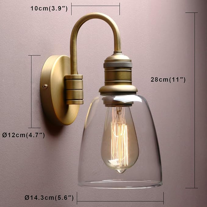 Clear Glass Wall Sconce Lighting Fixture, 14-Inch, Antique Brass Finish