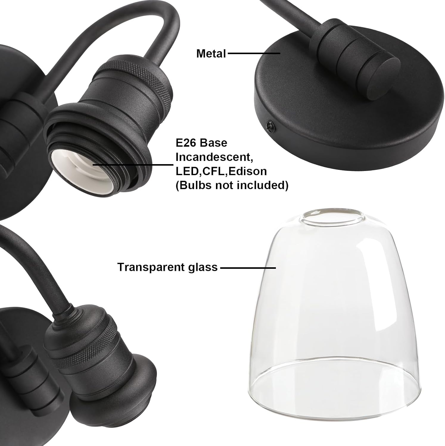 Clear Glass Wall Sconce Lighting Fixture for Home, 14-Inch, Black Finish