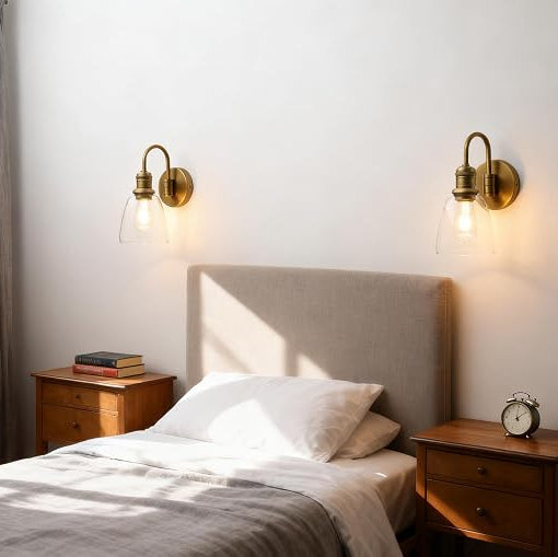 Clear Glass Wall Sconce Lighting Fixture, 14-Inch, Antique Brass Finish